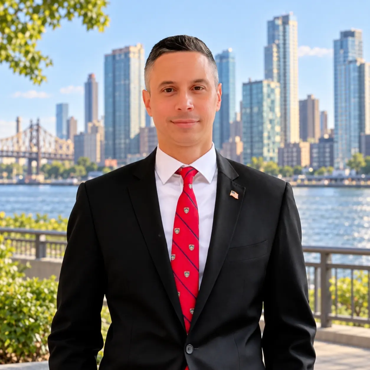 John Patrick Healy in his dark suit and red striped tie, with a natural closed-mouth smile against the Queens skyline