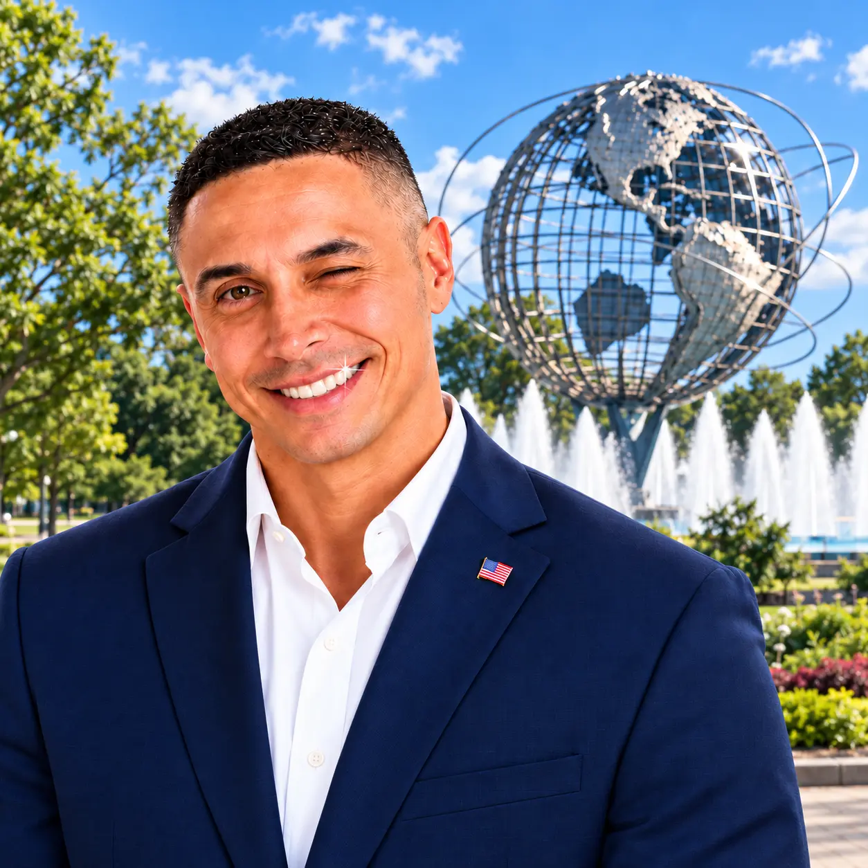 John Patrick Healy winking with a glimmer on his smile, wearing a navy blazer in front of the Unisphere and fountains at Flushing Meadows Corona Park